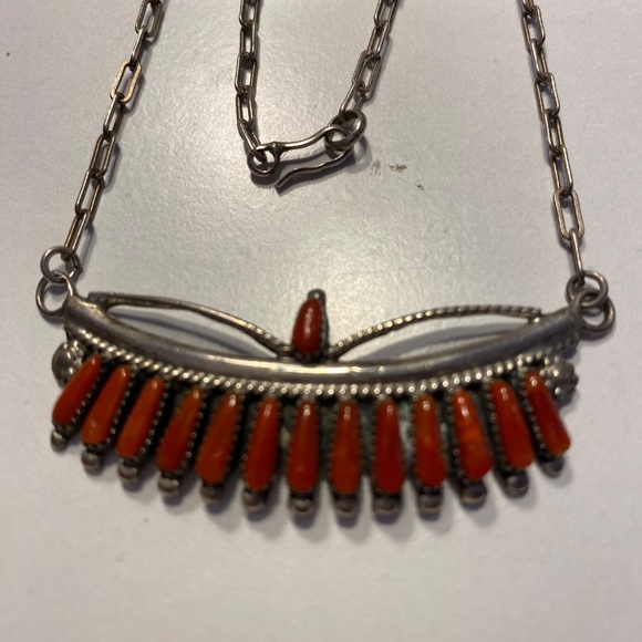 Coral Needlepoint Zuni Silver Necklace - Picture 5 of 6